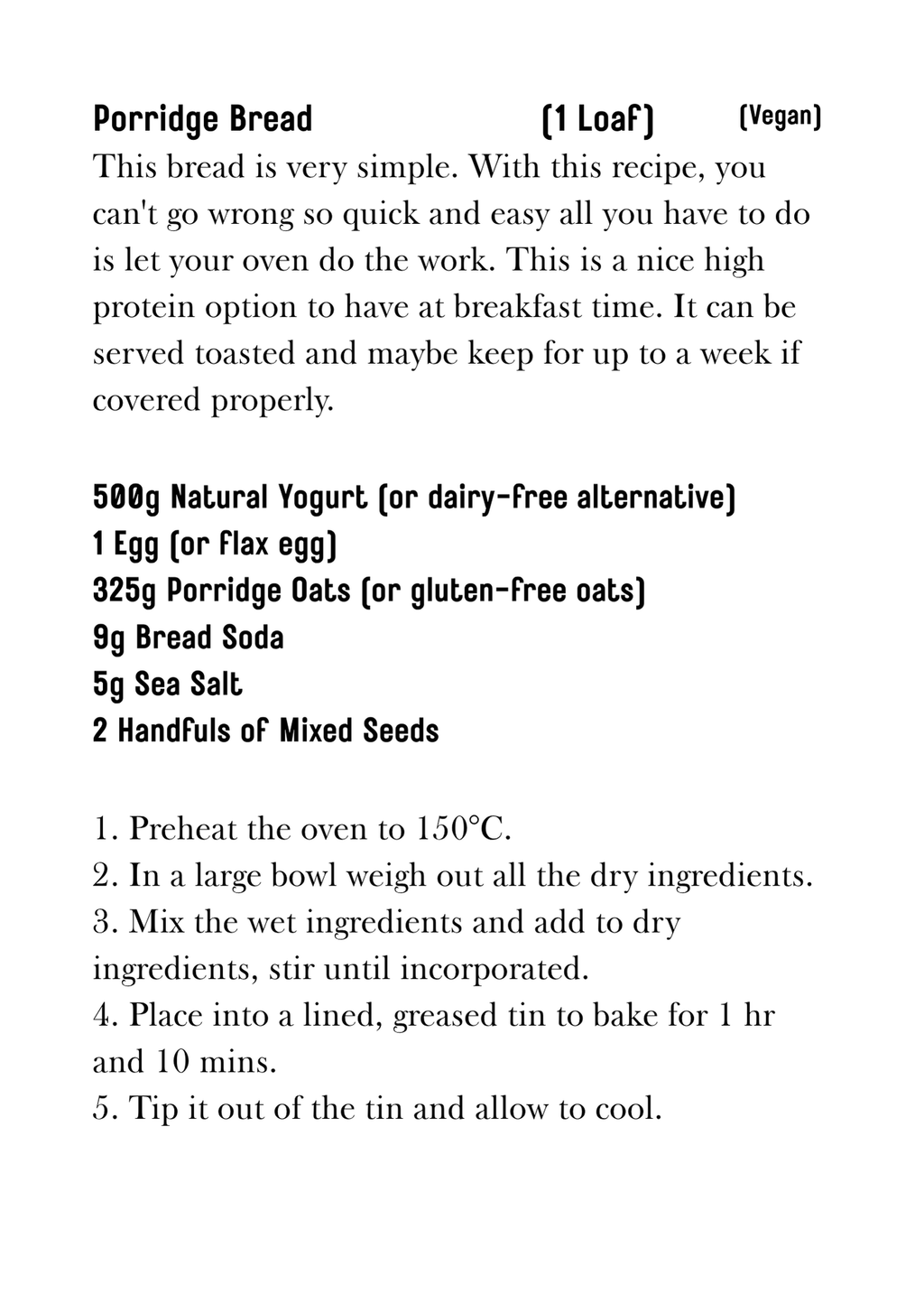 Porridge bread recipe card with ingredients and instructions on a white background