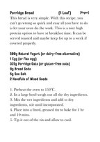 Porridge bread recipe card with ingredients and instructions on a white background