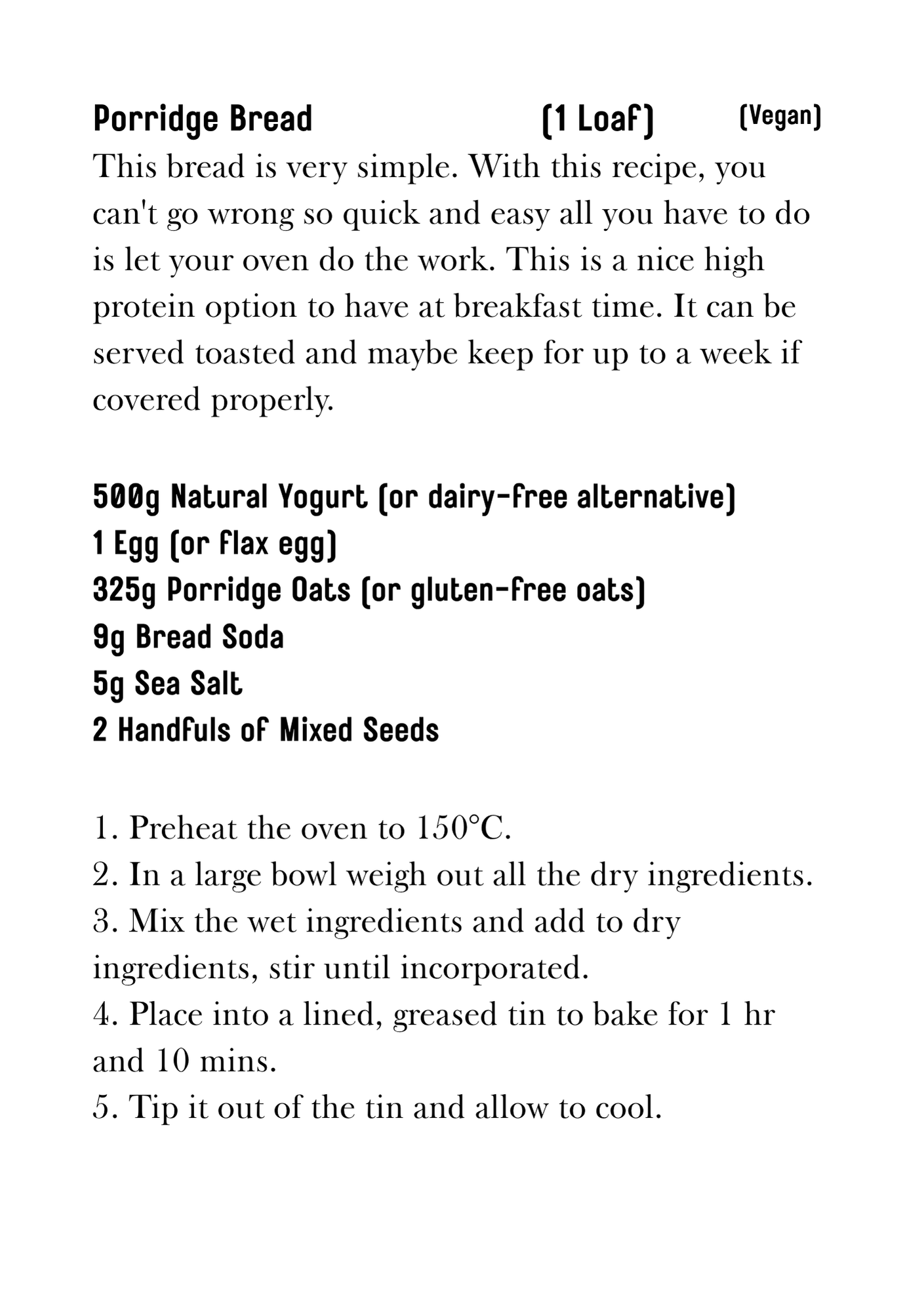 Porridge bread recipe card with ingredients and instructions on a white background