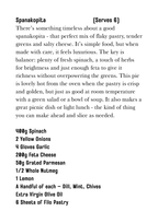 Text description of spanakopita recipe with ingredients listed on a white background