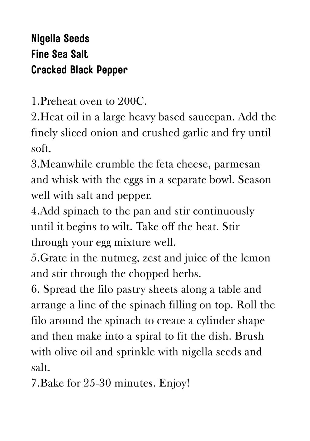 Recipe card for a dish with ingredients and cooking instructions on a white background