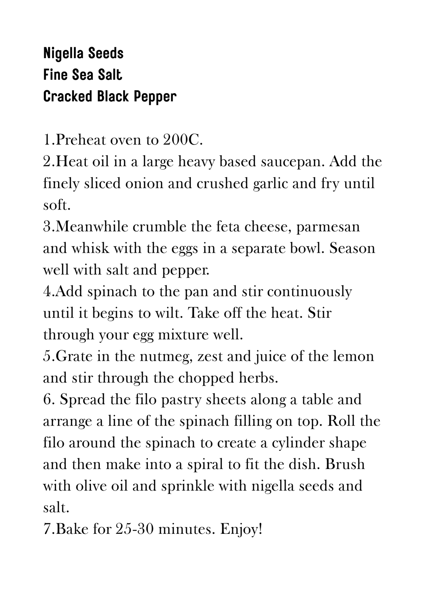 Recipe card for a dish with ingredients and cooking instructions on a white background