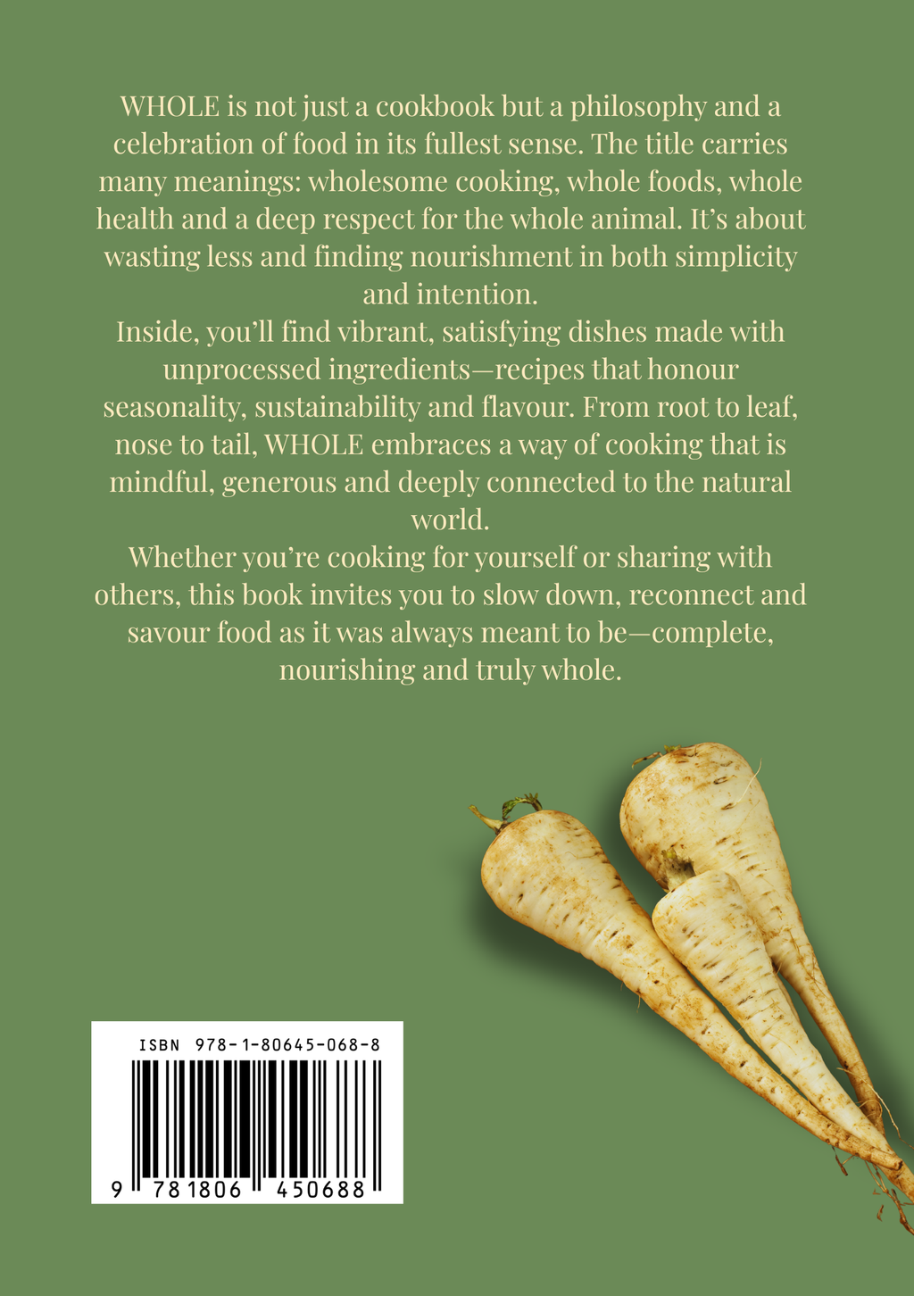 Book back cover with text about a philosophy of cooking and a barcode on a green background
